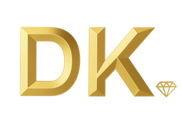 Gold letters "DK" with a diamond shape next to the "K" on a white background.